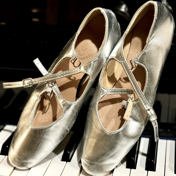 Silver Ballet Flats Double Strap Mary Jane Tuggle Strap 6.5 - Picture 1 of 8